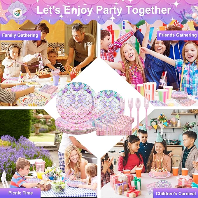 120 Pieces Mermaid Scale Birthday Party Tableware Set Includes