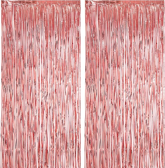 Voircoloria 2 Pack Rose Gold Foil Fringe Backdrop Curtains, Tinsel