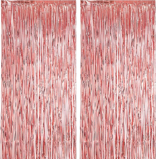 Voircoloria 2 Pack Rose Gold Foil Fringe Backdrop Curtains, Tinsel