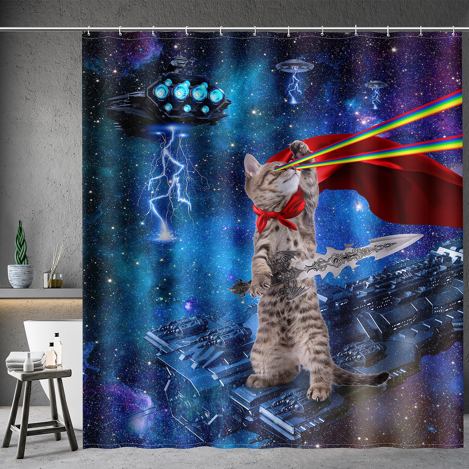 Aimego Extra Long Shower Curtain - Funny Cute Cool Cat on Fantasy