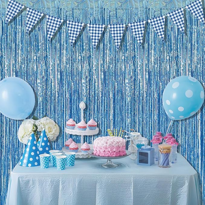 BRAVESHINE Light Blue Tinsel Foil Fringe Curtains - 2Pcs 3.2x8.2 ft