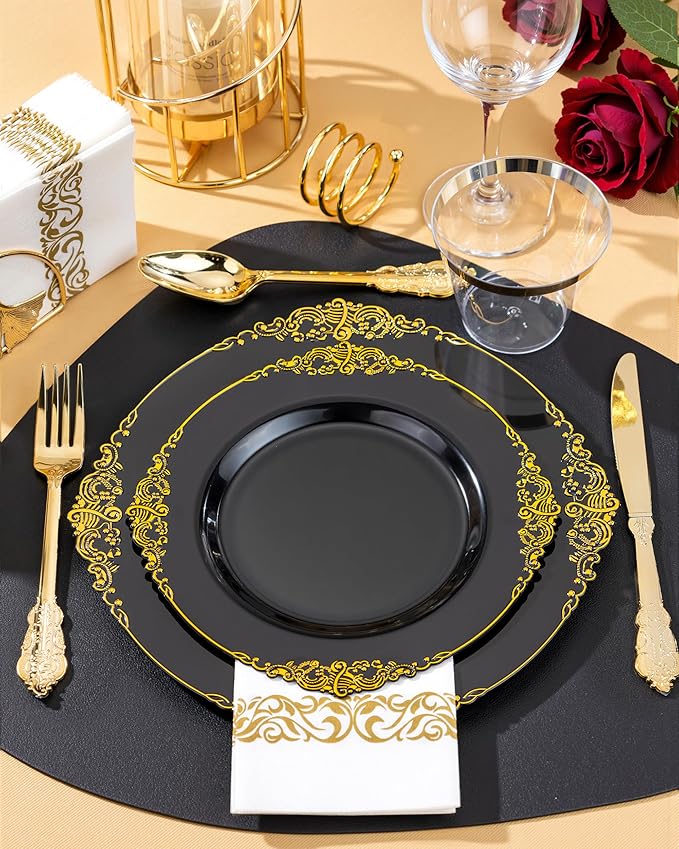 Nervure 350PCS Black Plastic Plates - Black Plastic Dinnerware Sets