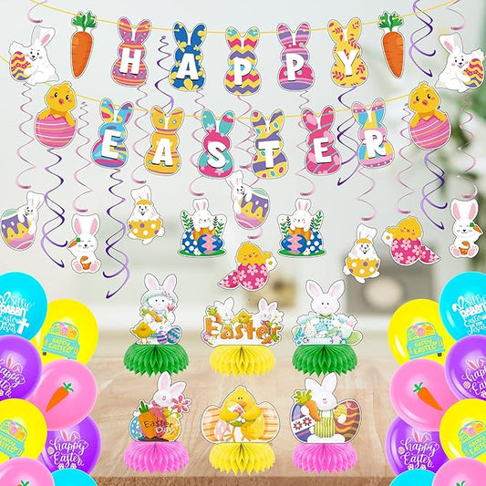 55PCS Easter Decorations HAPPY EASTER Banner 16PCS Easter Balloons