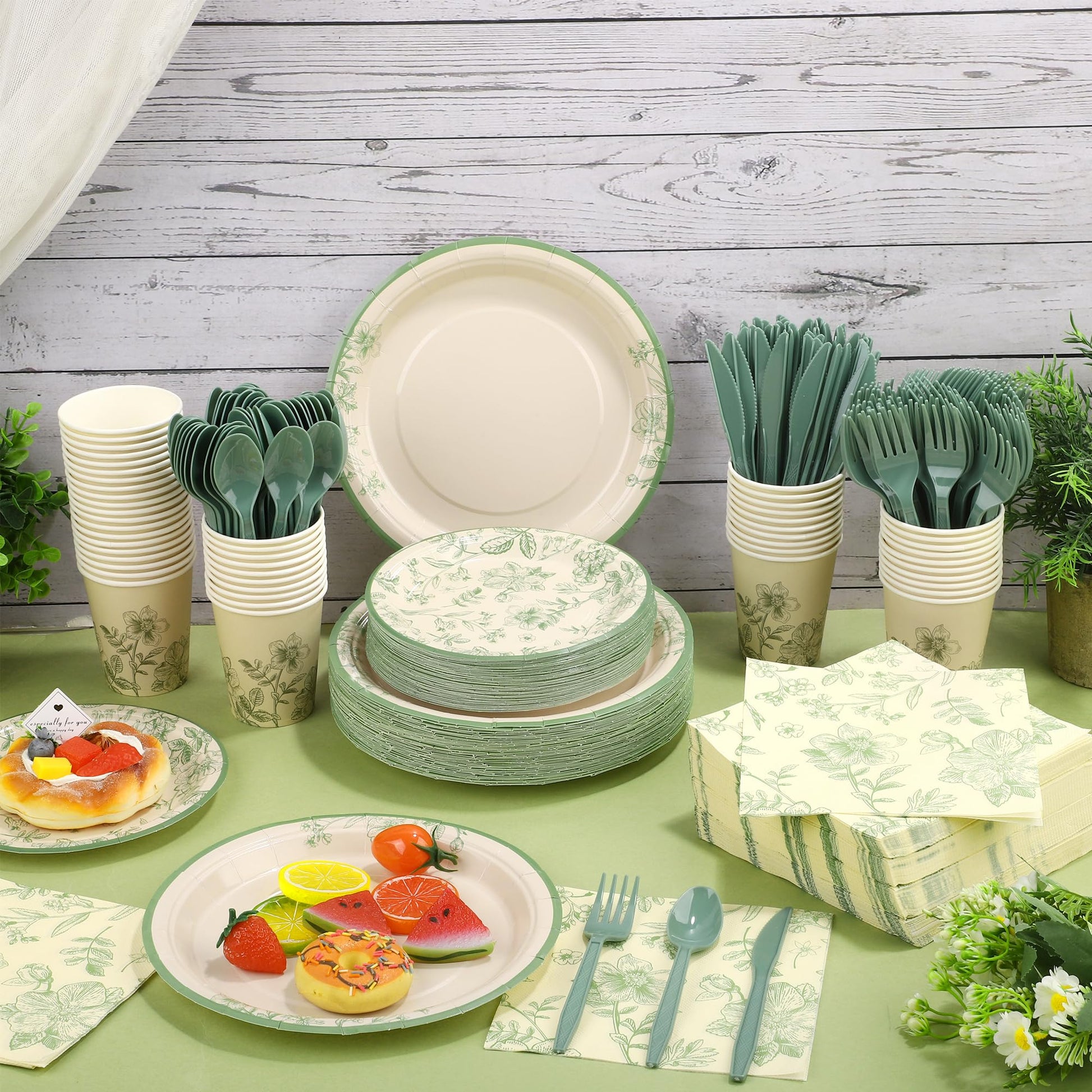 Kochorie 400 Pieces Sage Green Disposable Tableware Sets, Green and