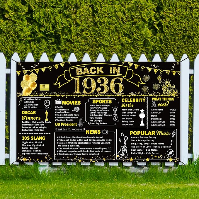 DARUNAXY 90th Birthday Black Gold Party Decoration, Back in 1936