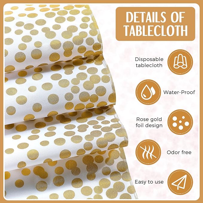 Breling 8 Pack White and Gold Disposable Plastic Tablecloths and