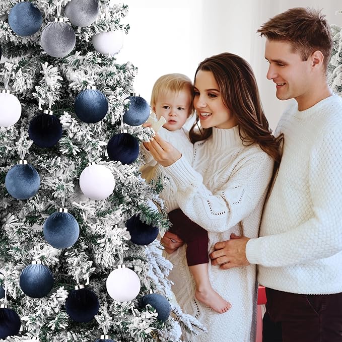 Velvet Christmas Ornaments Balls for Tree - 15pcs Blue Shatterproof