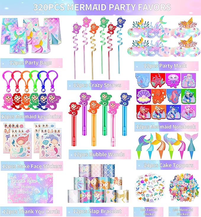 320PCS Mermaid Party Favors Birthday Decorations Supplies Kit with