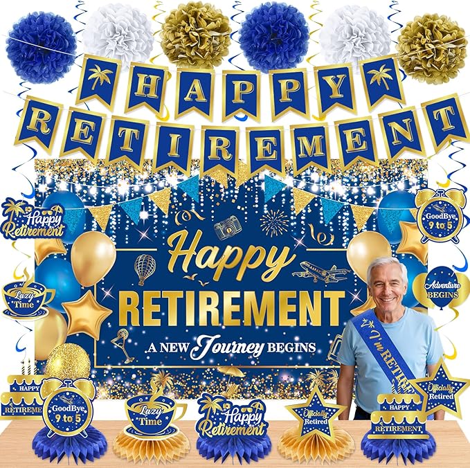 20pcs Retirement Party Decorations for Men Women Blue Gold Happy