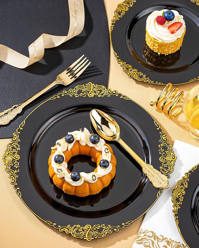 Nervure 350PCS Black Plastic Plates - Black Plastic Dinnerware Sets