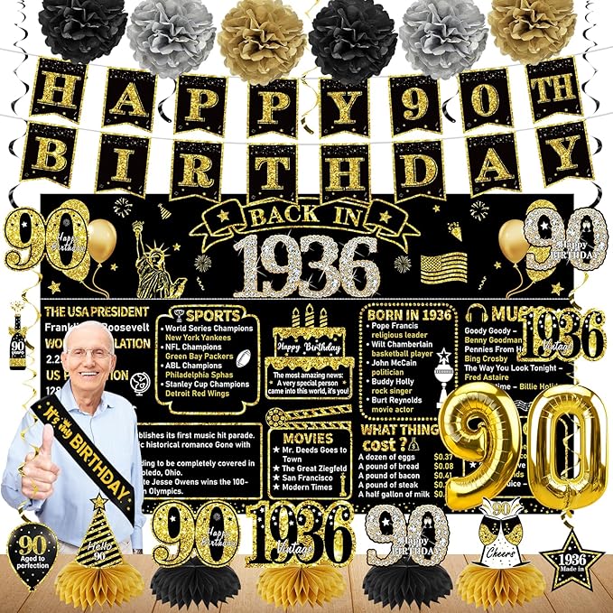 90th Birthday Decorations for Men Women 21pcs the Year 1936 Banner