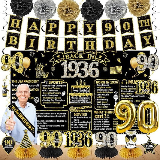 90th Birthday Decorations for Men Women 21pcs the Year 1936 Banner