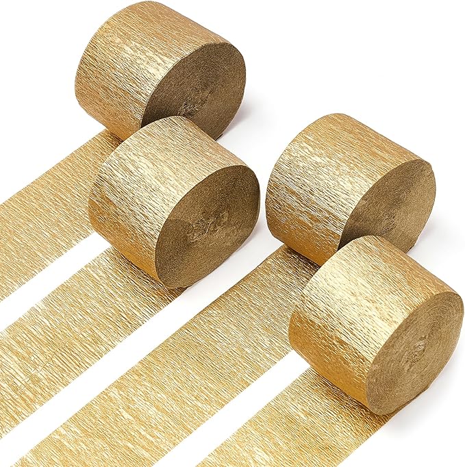 PartyWoo Gold Crepe Paper Streamers 4pcs 328ft Pack of Gold Crepe