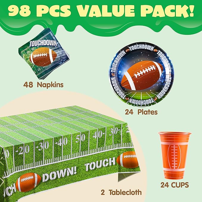 98 Pcs Football Party Supplies Set Serves 24 with 24 Cups 24 Plates