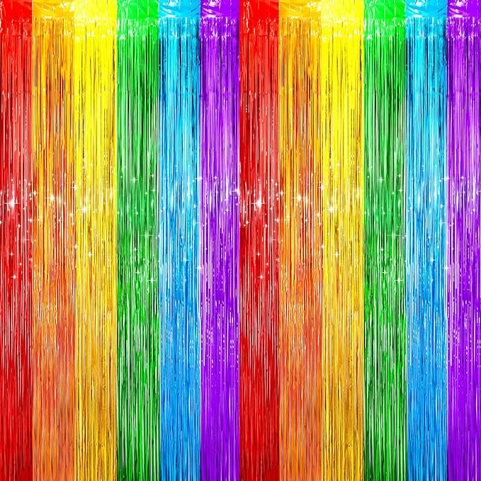 Voircoloria 4 Pack Rainbow Foil Fringe Backdrop Curtains, Tinsel