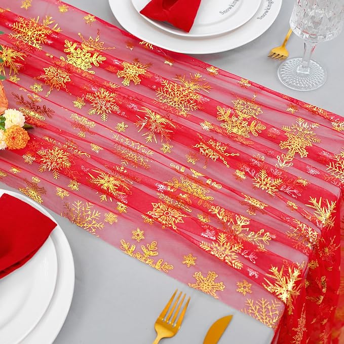 Snowkingdom Red Table Runner, 120 Inches Long Sheer Tulle with Gold