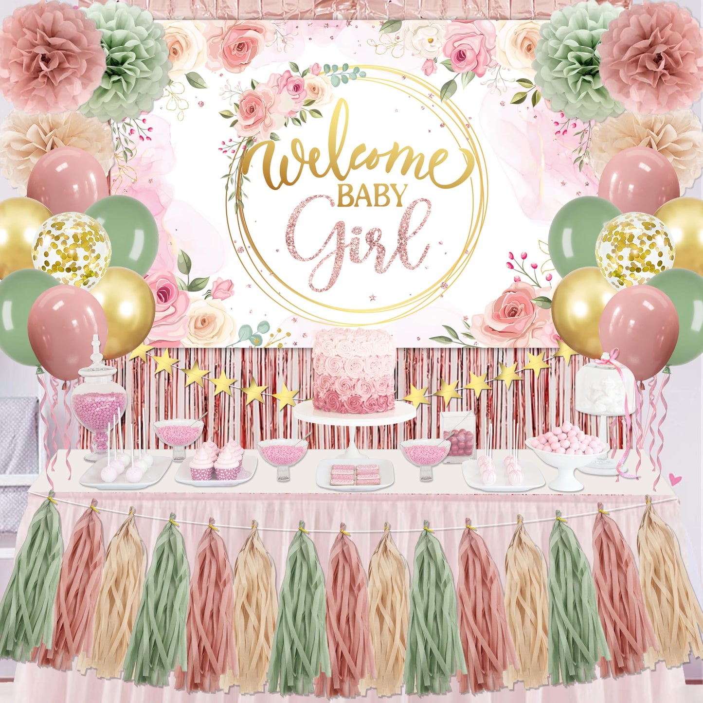 Dusty Pink and Sage Green Baby Shower Decorations Welcome Baby Girl