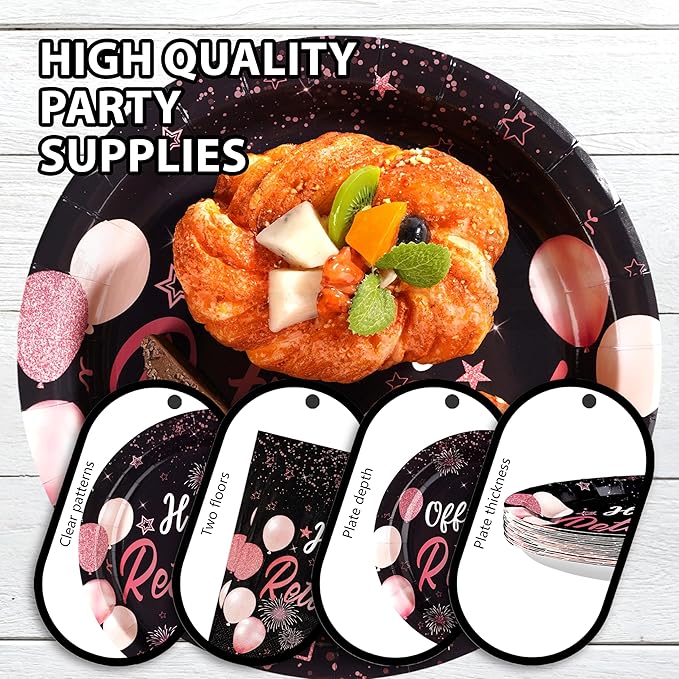 96Pcs Retirement Party Decorations Black Rose Gold Retirement Plates