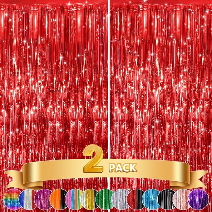 GCB 2 Pack Red Tinsel Backdrop, Fringe Curtains, Red Foil Tinsel