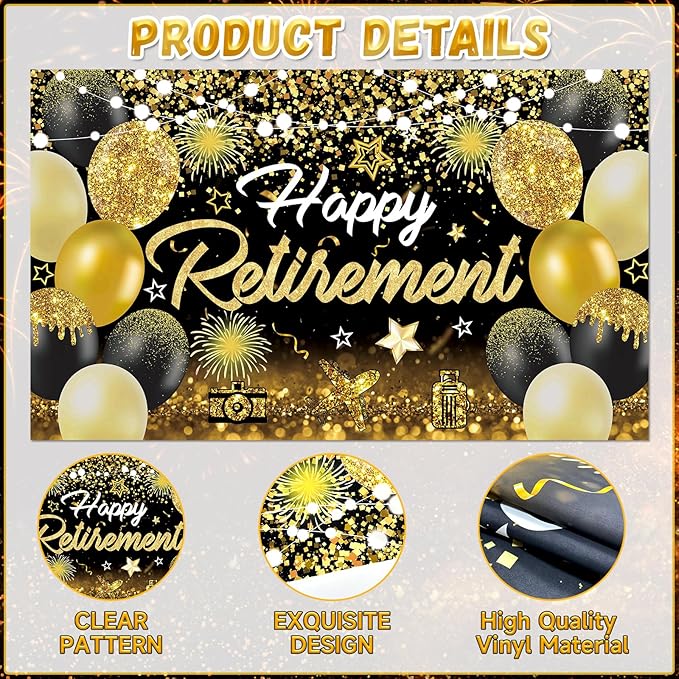 Happy Retirement Party Decorations for Men and Women Black and Gold