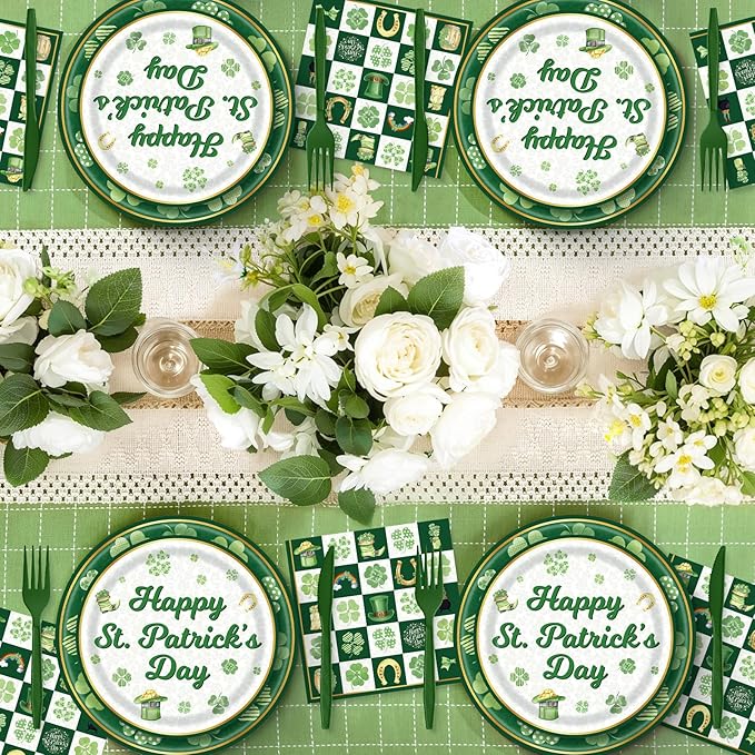 102 Pcs St Patrick's Day Paper Plates and Napkins Green Shamrock