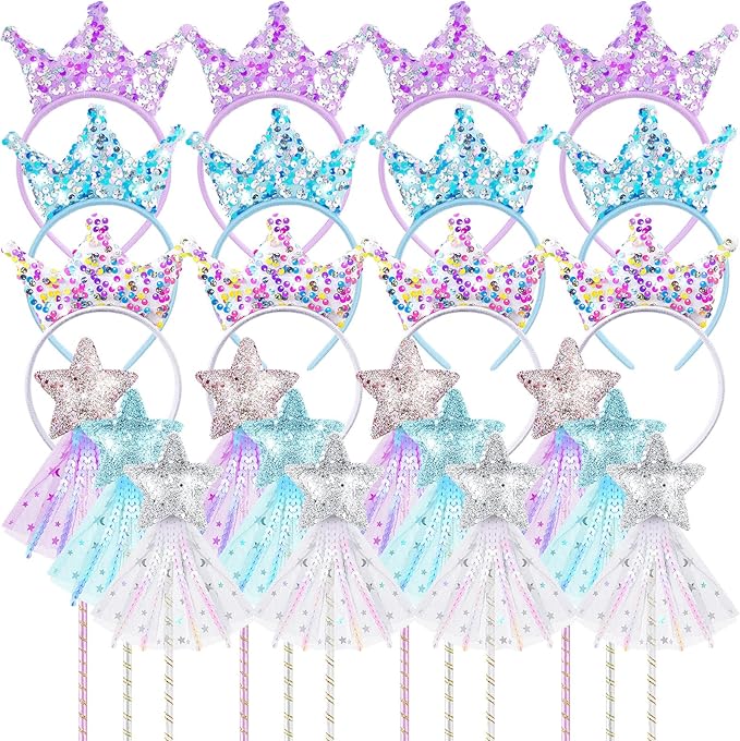 24 Pcs Princess Party Favors Star Shaped Wands and Sequin Crown
