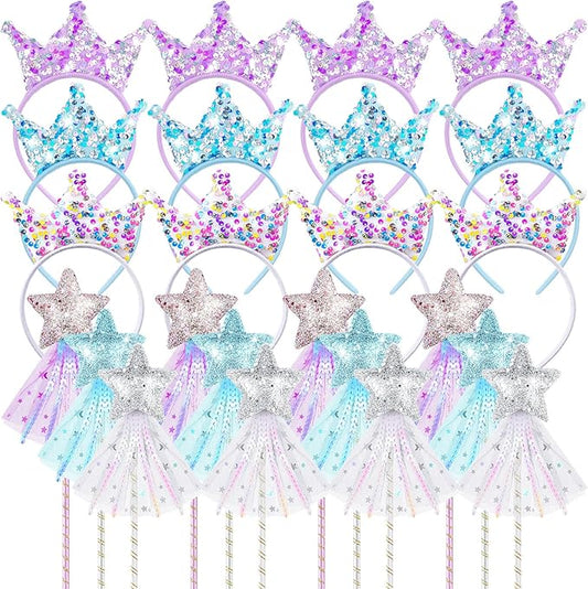 24 Pcs Princess Party Favors Star Shaped Wands and Sequin Crown