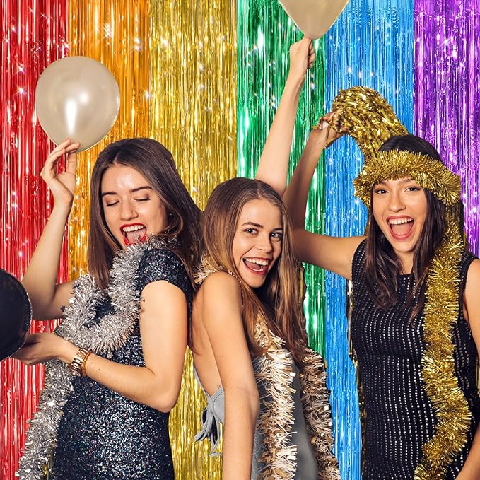 2Pack Rainbow Foil Fringe Curtains Backdrop Decorations, Rainbow
