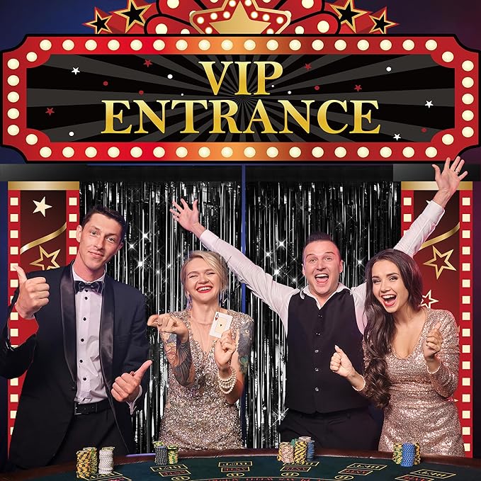 3 Pcs Casino Movie Night Porch Sign Banner with Black Foil Fringe