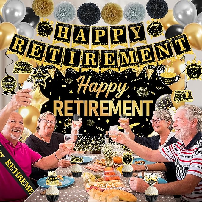 Black Gold Retirement Party Decorations Happy Retirement Banner