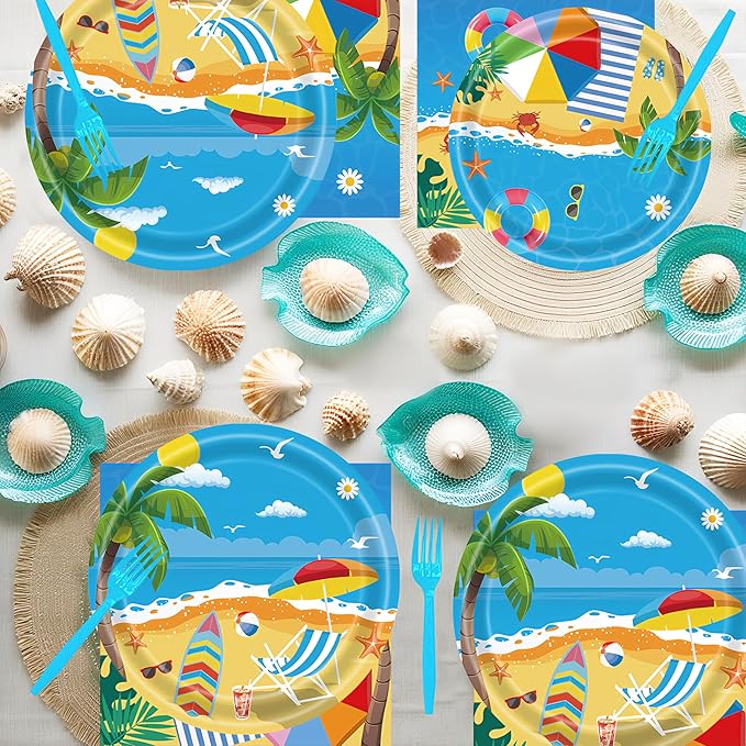 96 Pcs Summer Beach Plates and Napkins Beach Theme Decorations