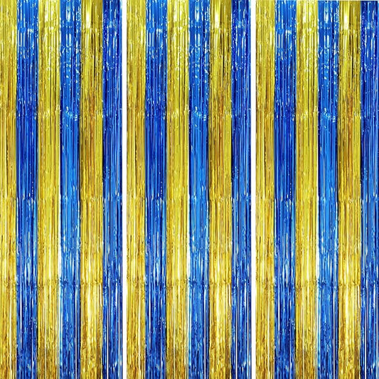 Voircoloria 3 Pack 3.3 x 8.2 ft Blue Gold Foil Fringe Backdrop