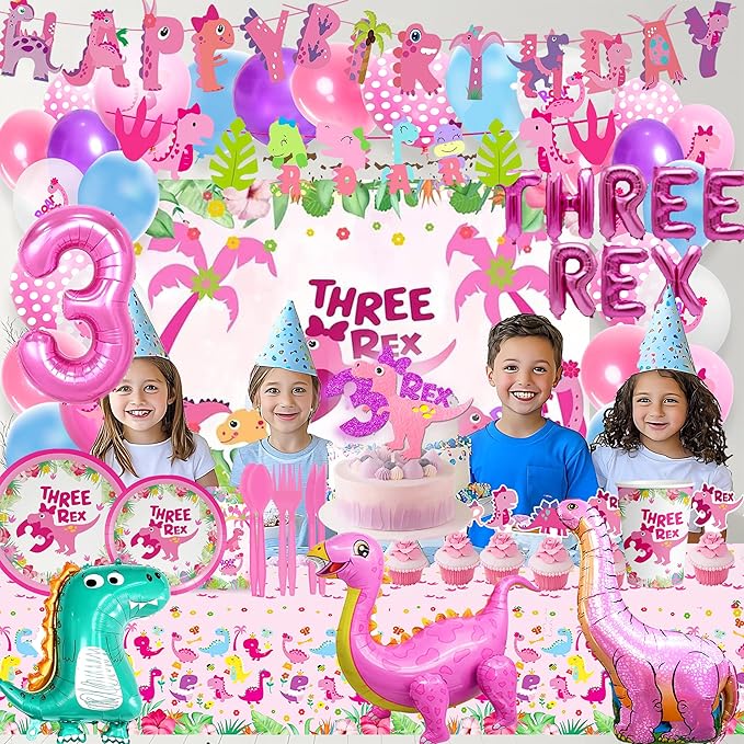 Pink Three Dino Rex Birthday Party Decorations Dinosaur 3rd Birthday