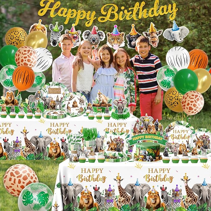 Safari Themed Party Decorations Tableware 198pcs Jungle Plates and
