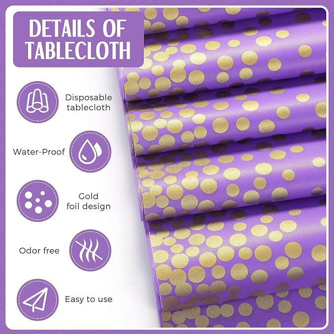 Breling 24 Pack Purple and Gold Disposable Plastic Tablecloths and