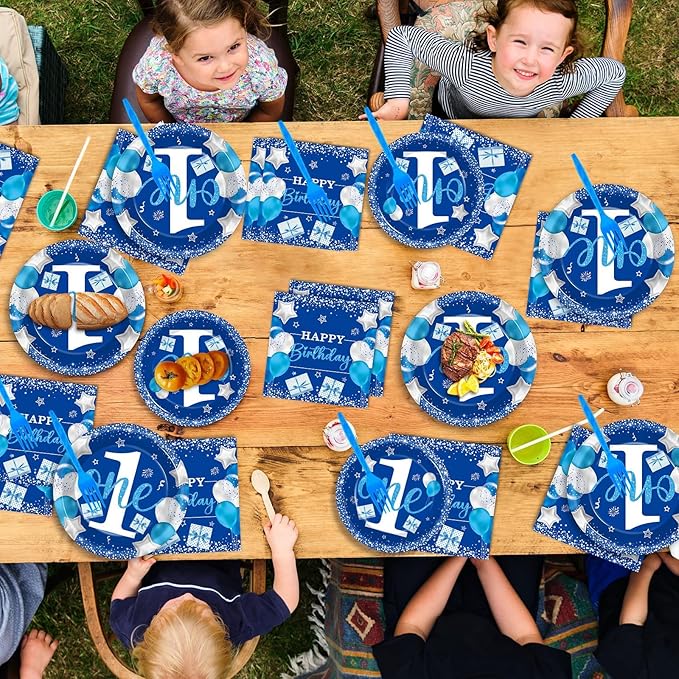 Boy 1st Birthday Party Tableware Set Blue 96 Pcs 24 Guests Paper