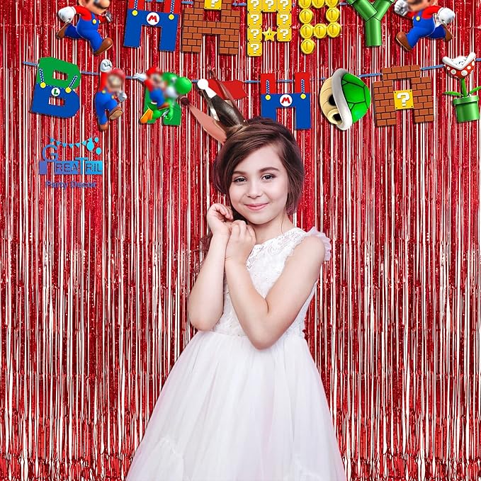 GREATRIL Red Fringe Curtains Party Streamers Backdrop Foil Tinsel