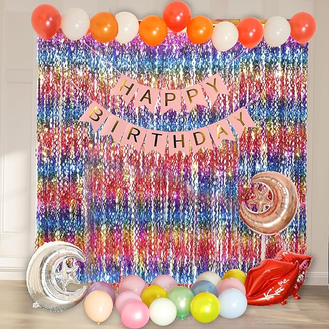 4 Pack Wavy Rainbow Foil Fringe Curtain | 3.3x6.6ft Colorful Tinsel