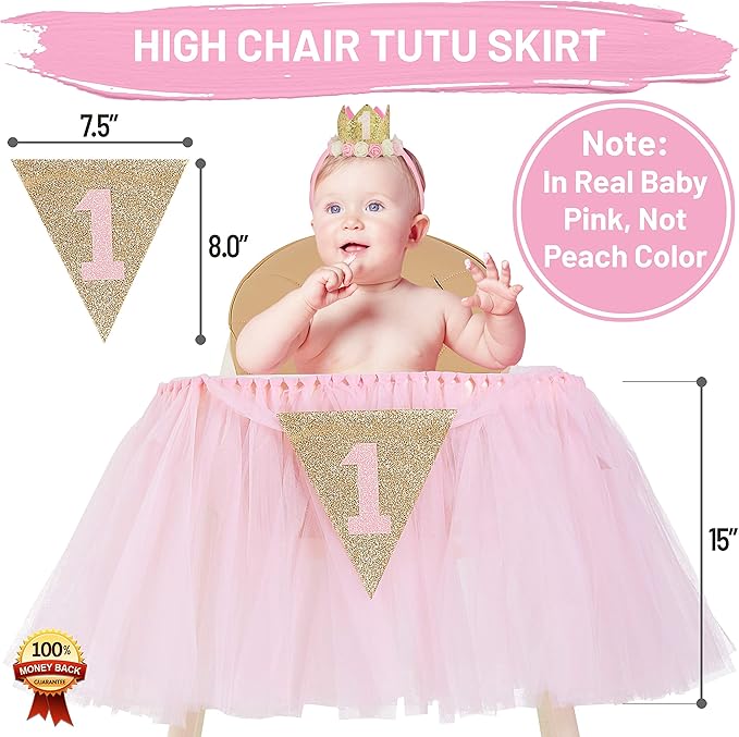 1st Birthday Girl Decoration High Chair Tutu Skirt WITH No.1 Crown