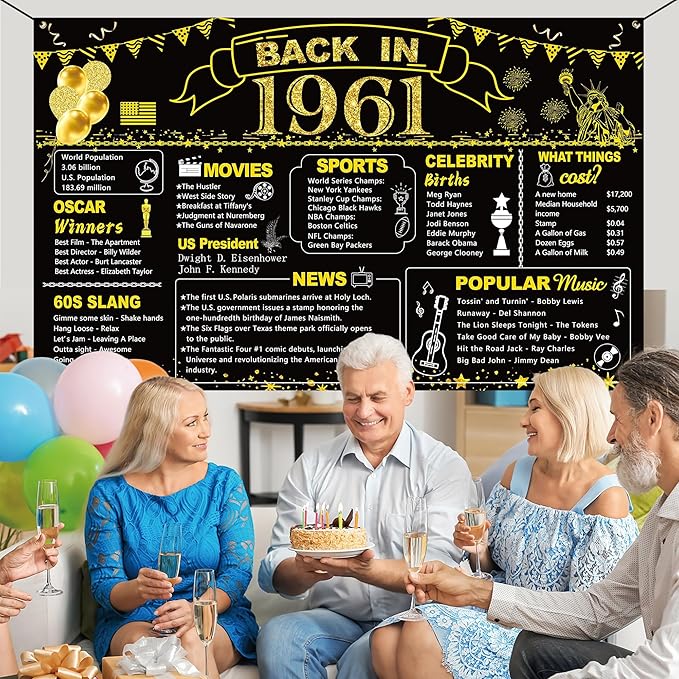 DARUNAXY 65th Birthday Black Gold Party Decoration, Back in 1961
