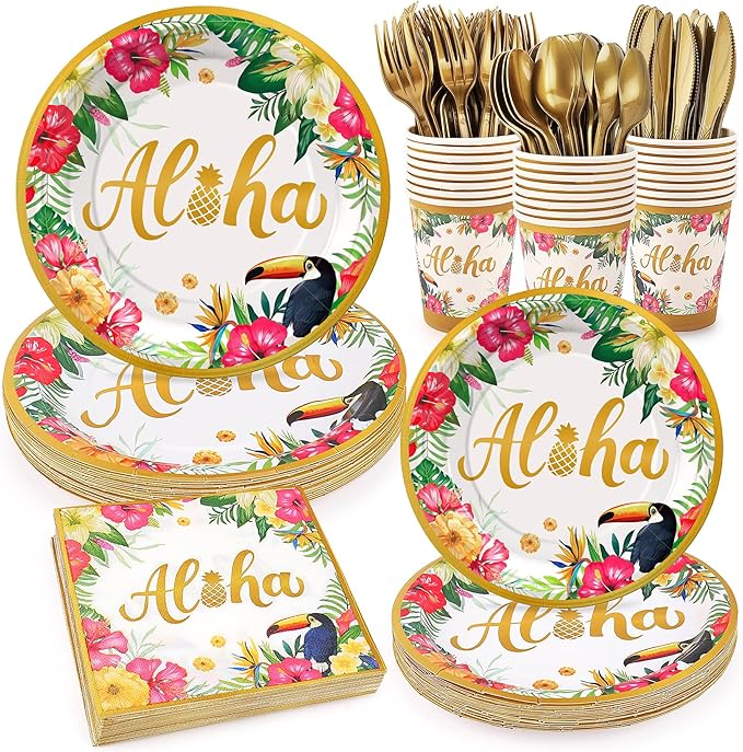Golden Tropical Luau Party Tableware Supplies 168PCS Hawaiian Plates