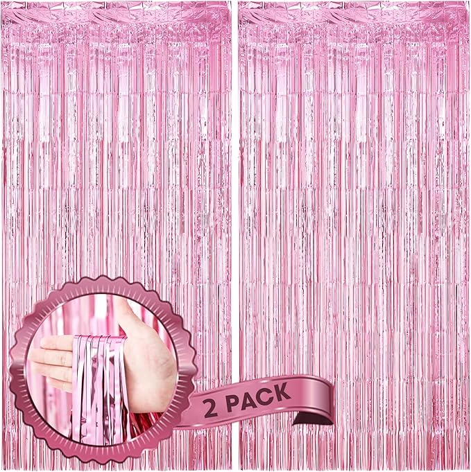 Voircoloria 2 Pack Light Pink Foil Fringe Backdrop Curtains, Tinsel
