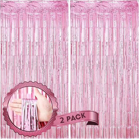 Voircoloria 2 Pack Light Pink Foil Fringe Backdrop Curtains, Tinsel