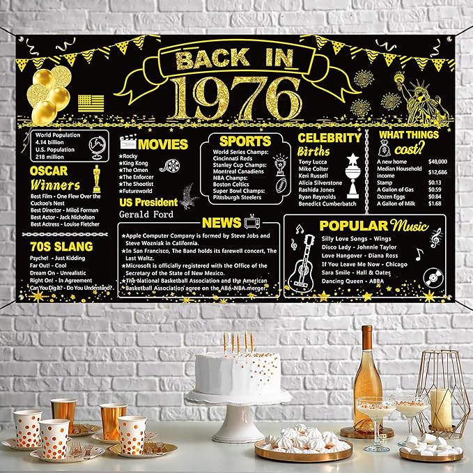 DARUNAXY 50th Birthday Black Gold Party Decoration, Back in 1976