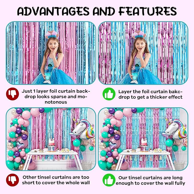 Voircoloria 2 Pack 3.3x8.2 Feet Blue and Pink Foil Fringe Backdrop