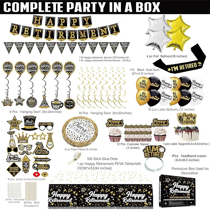 Happy Retirement Party Decorations supplies 80pack black gold party
