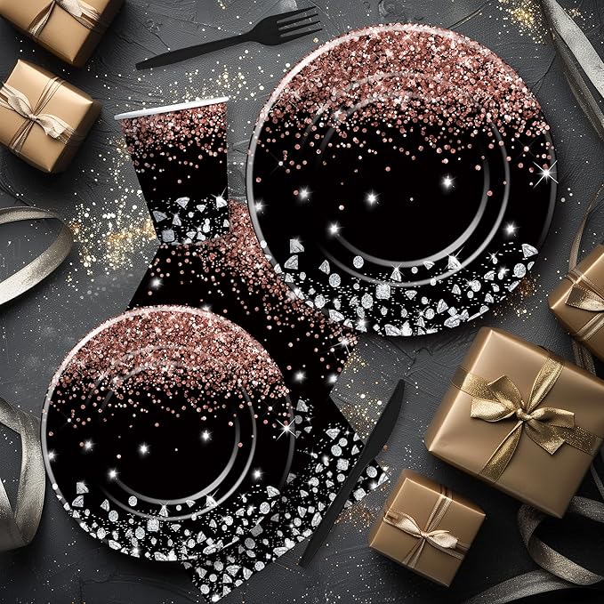 Xigejob Rose Gold And Black Party Decorations Tableware - Glitter