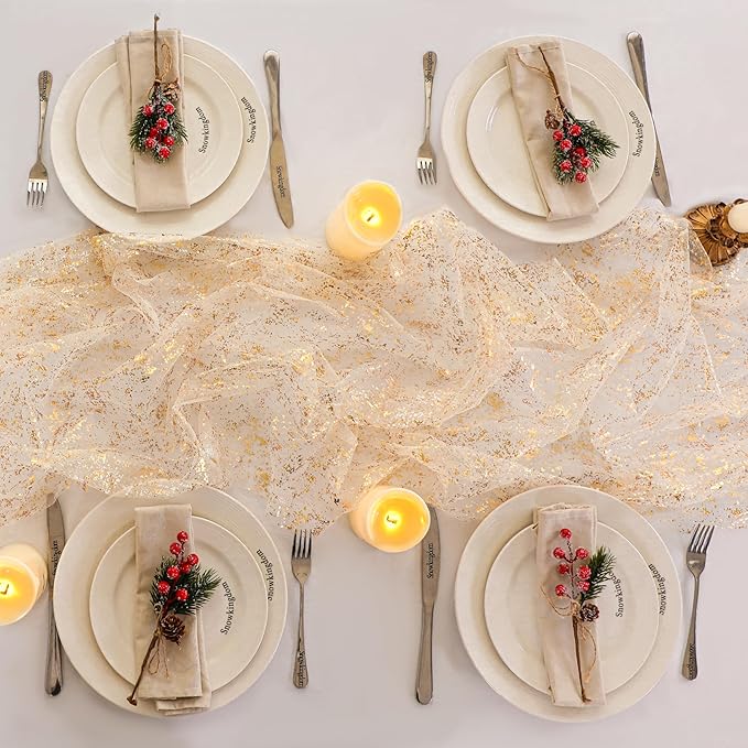 Snowkingdom 3Pcs 10Ft Gold Table Runners, Sheer Gauze Chiffon