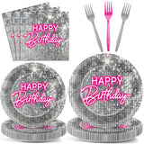 96PCS Silver Sequins Pink Neon Birthday Paper Plates and Napkins