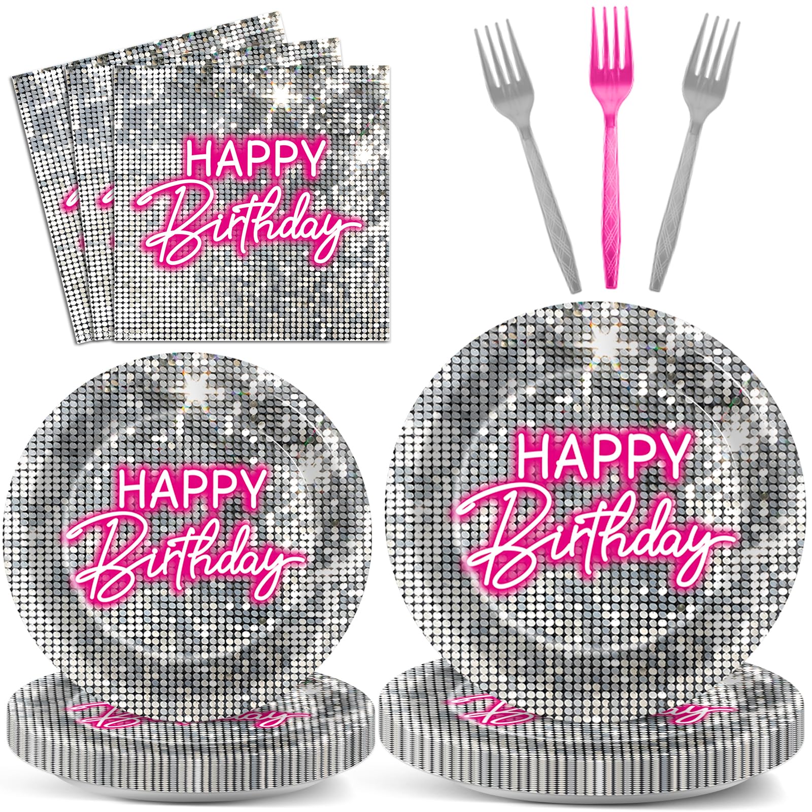 96PCS Silver Sequins Pink Neon Birthday Paper Plates and Napkins
